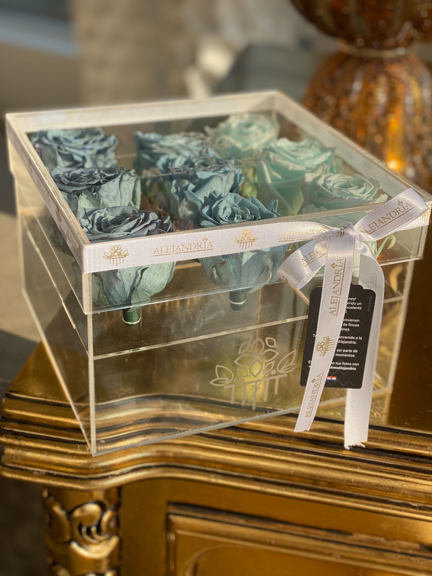 9 Rosas Preservadas en Caja Acrílica - Alejandría Arte Floral