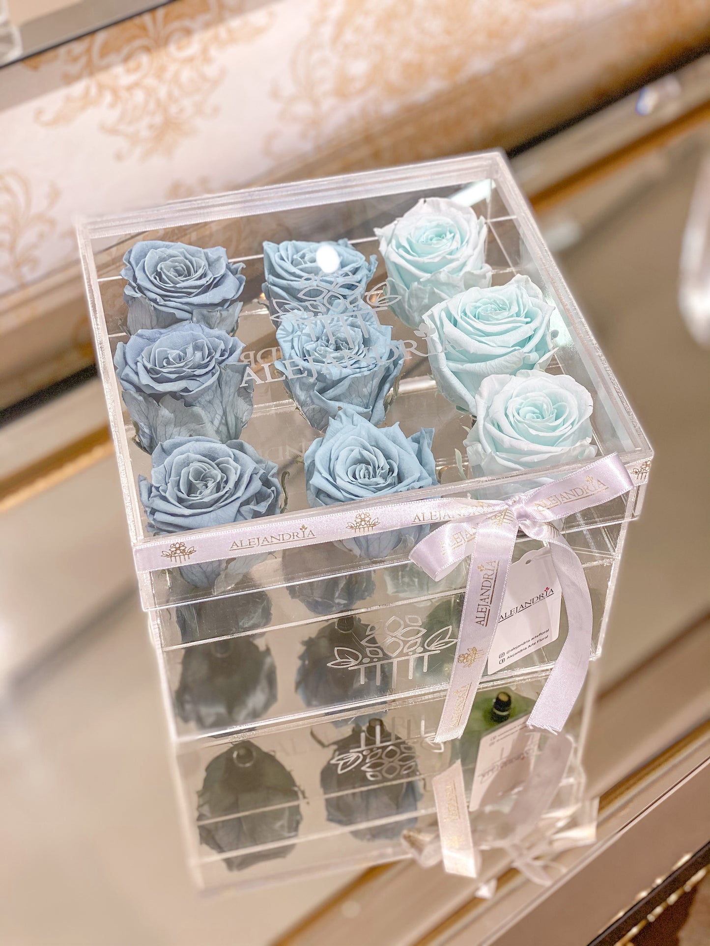 9 Rosas Preservadas en Caja Acrílica - Alejandría Arte Floral