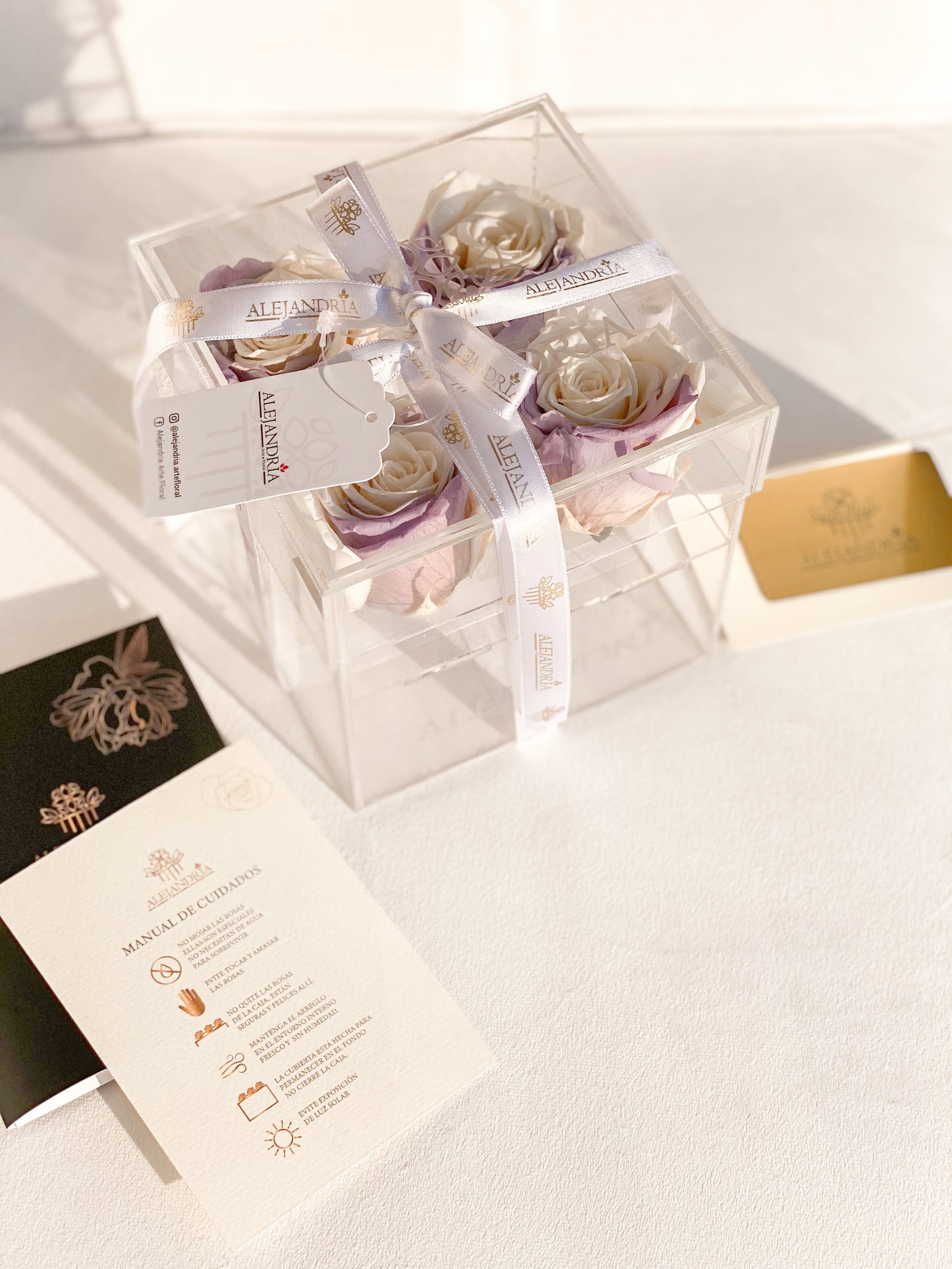 4 Rosas Preservadas en Caja Acrílica - Alejandría Arte Floral
