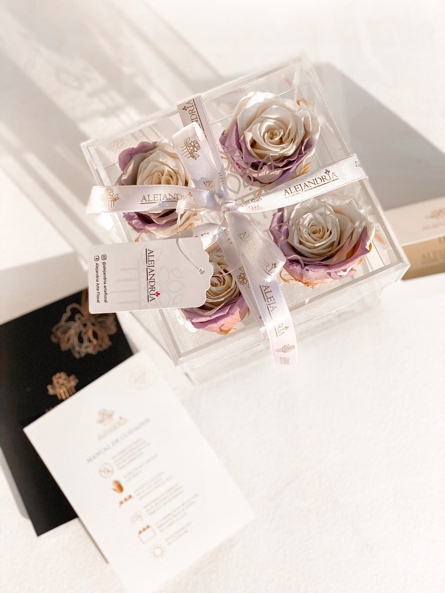 4 Rosas Preservadas en Caja Acrílica - Alejandría Arte Floral