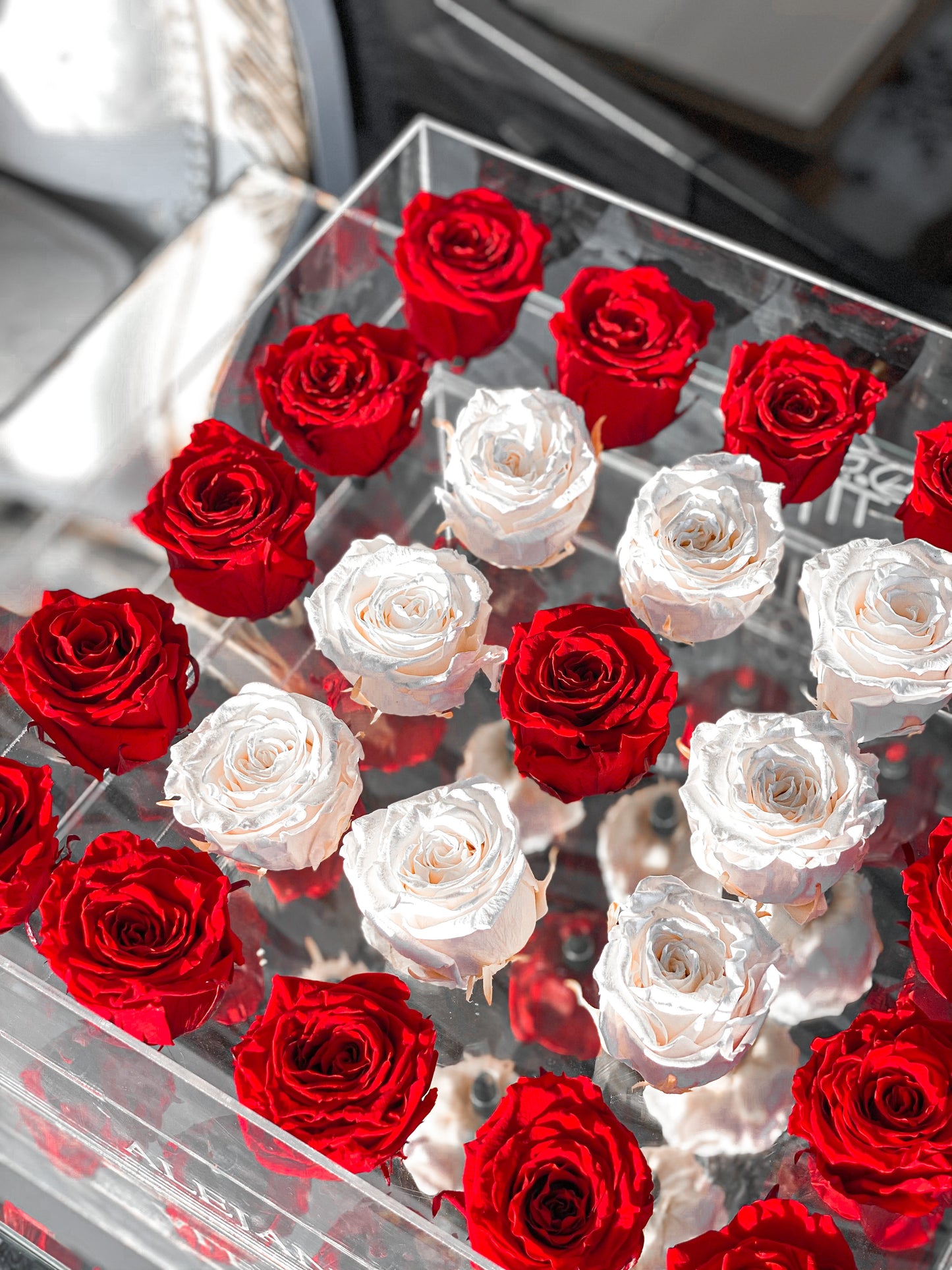 25 Rosas Preservadas en Caja Acrílica - Alejandría Arte Floral